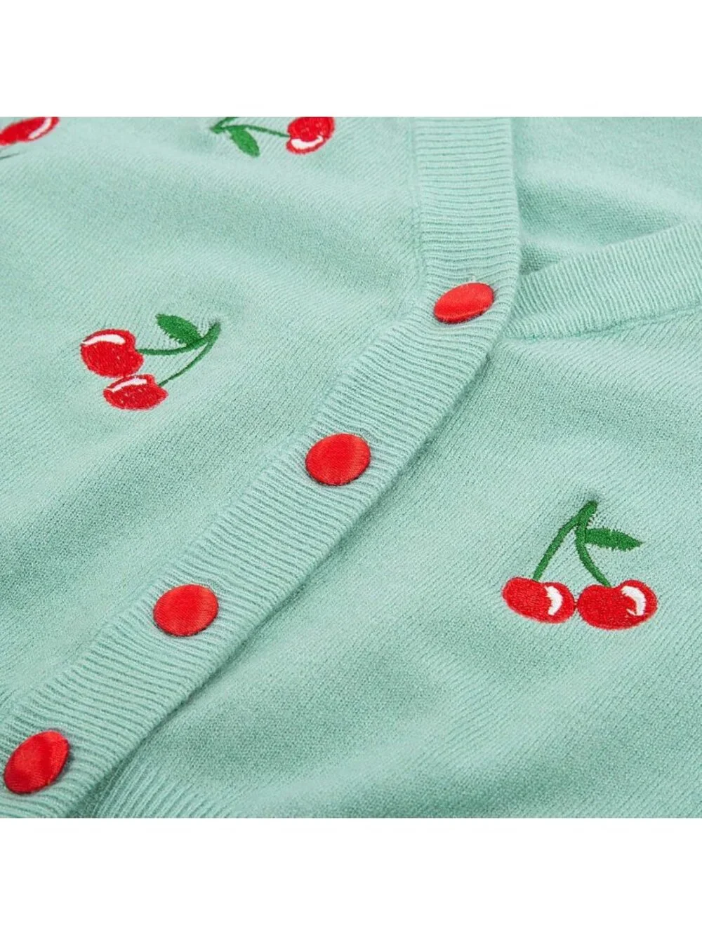 Chic 3/4 Sleeve V-Neck Button Down Cropped Cardigan with Cherry Embroidery